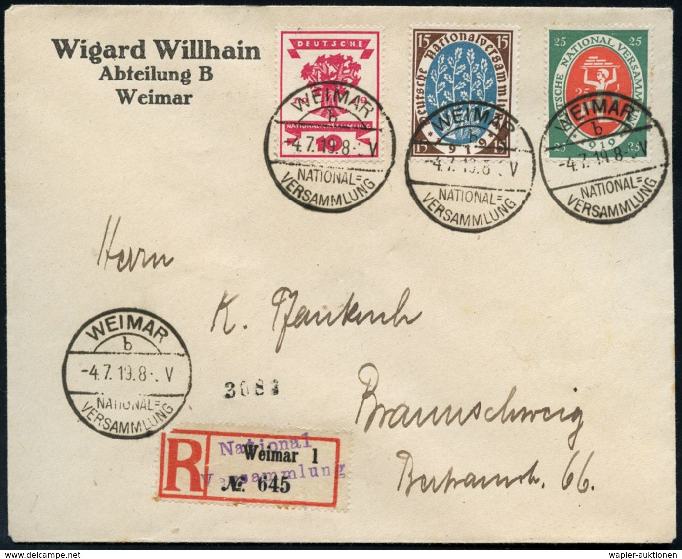 WEIMAR/ D/ NATIONAL=/ VERSAMMLUNG 1919 (4.7.) SSt 4x Auf Kurzsatz National-Vers. (Mi.107/09) + Provis. Sonder-RZ: Wei-ma - Sonstige & Ohne Zuordnung