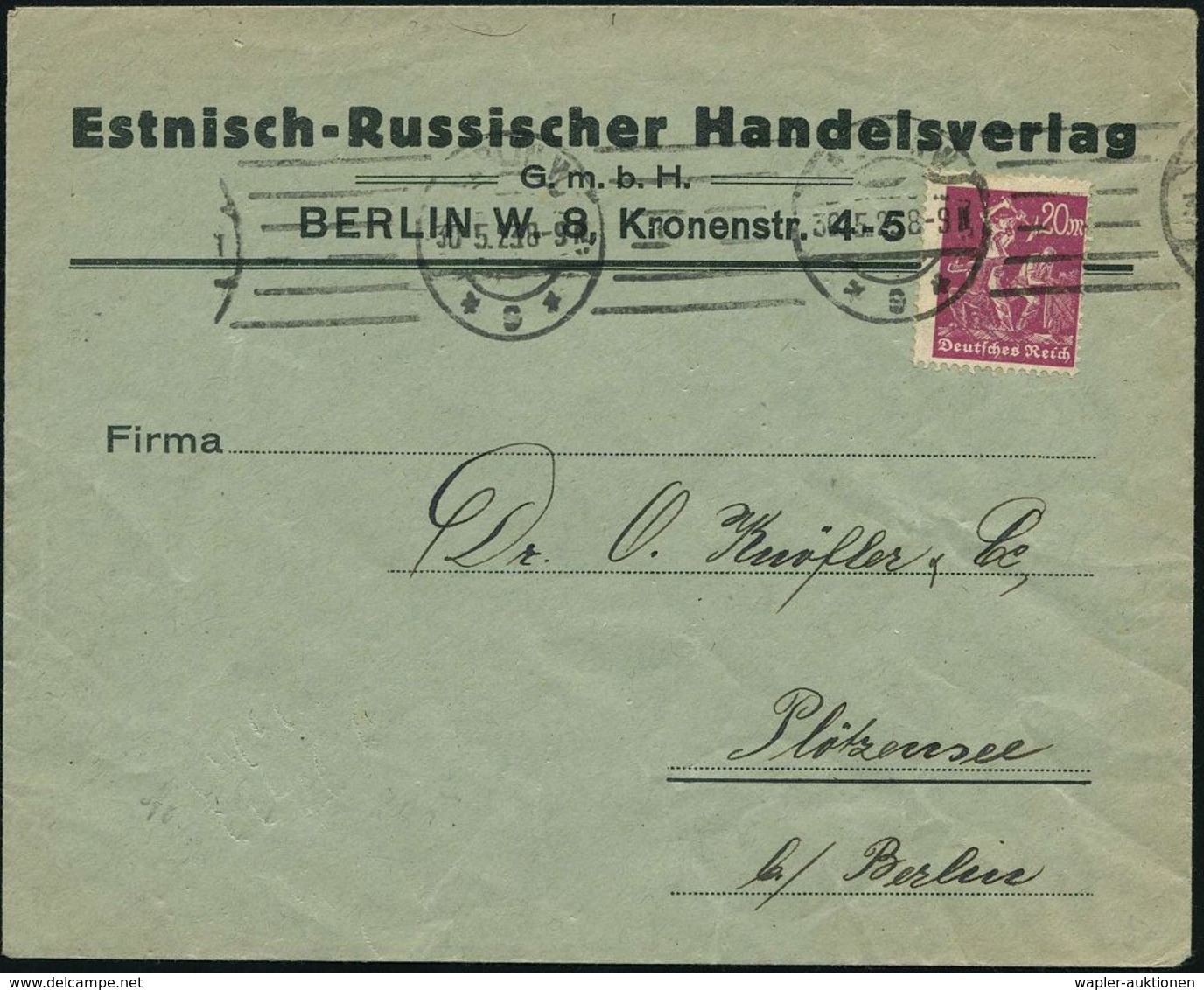 BERLIN W/ *9* 1923 (30.5.) BdMSt Auf Firmen-Bf: Estnisch-Russischer Handelsverlag..Berlin , Bedarf, Baltische Staaten 19 - Altri & Non Classificati