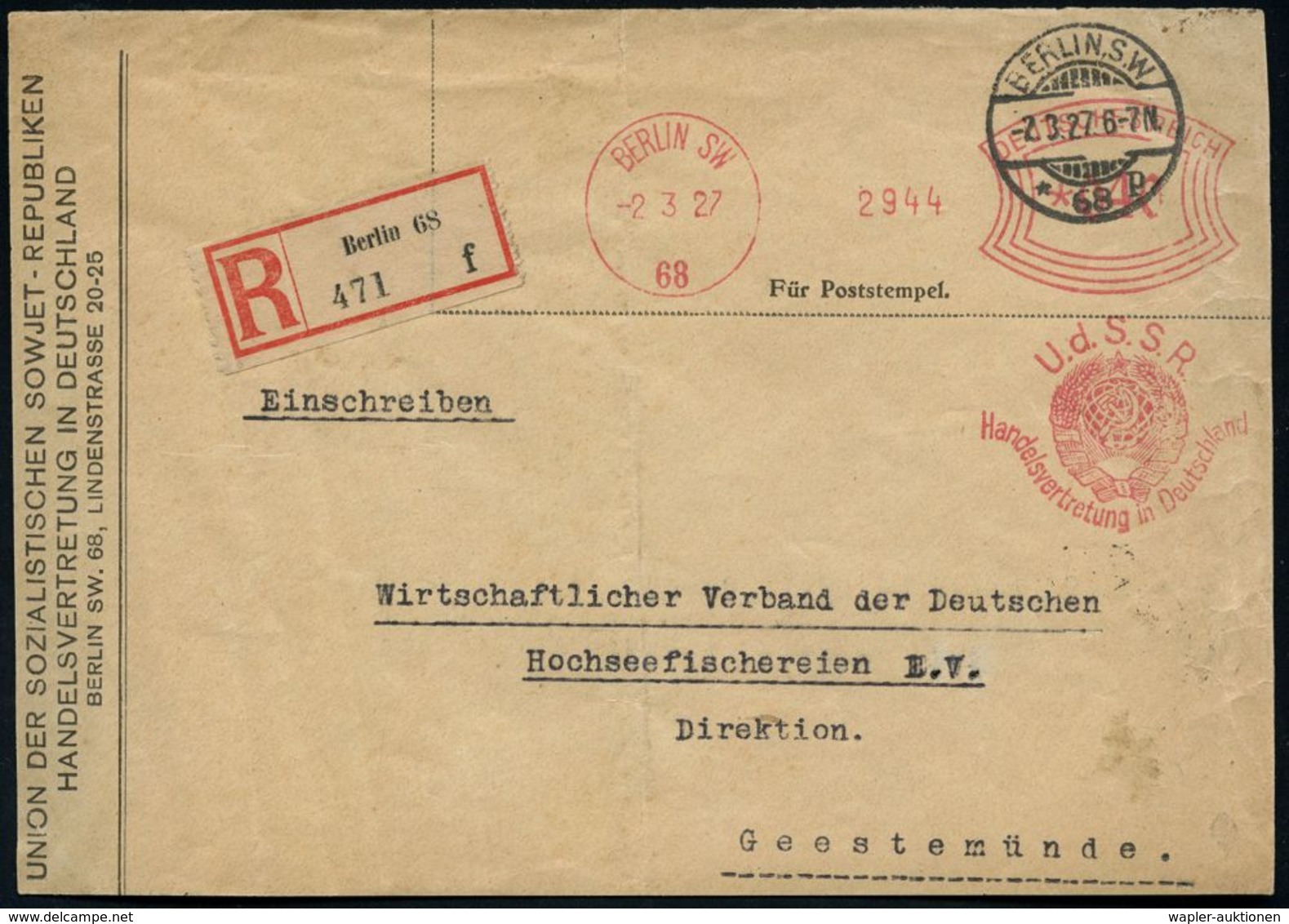 BERLIN SW/ 68/ U.d.S.S.R./ Handelsvertretung In Deutschland 1927 (2.3.) Seltener AFS 040 Pf. = Sowjet. Staats-wappen + R - Altri & Non Classificati