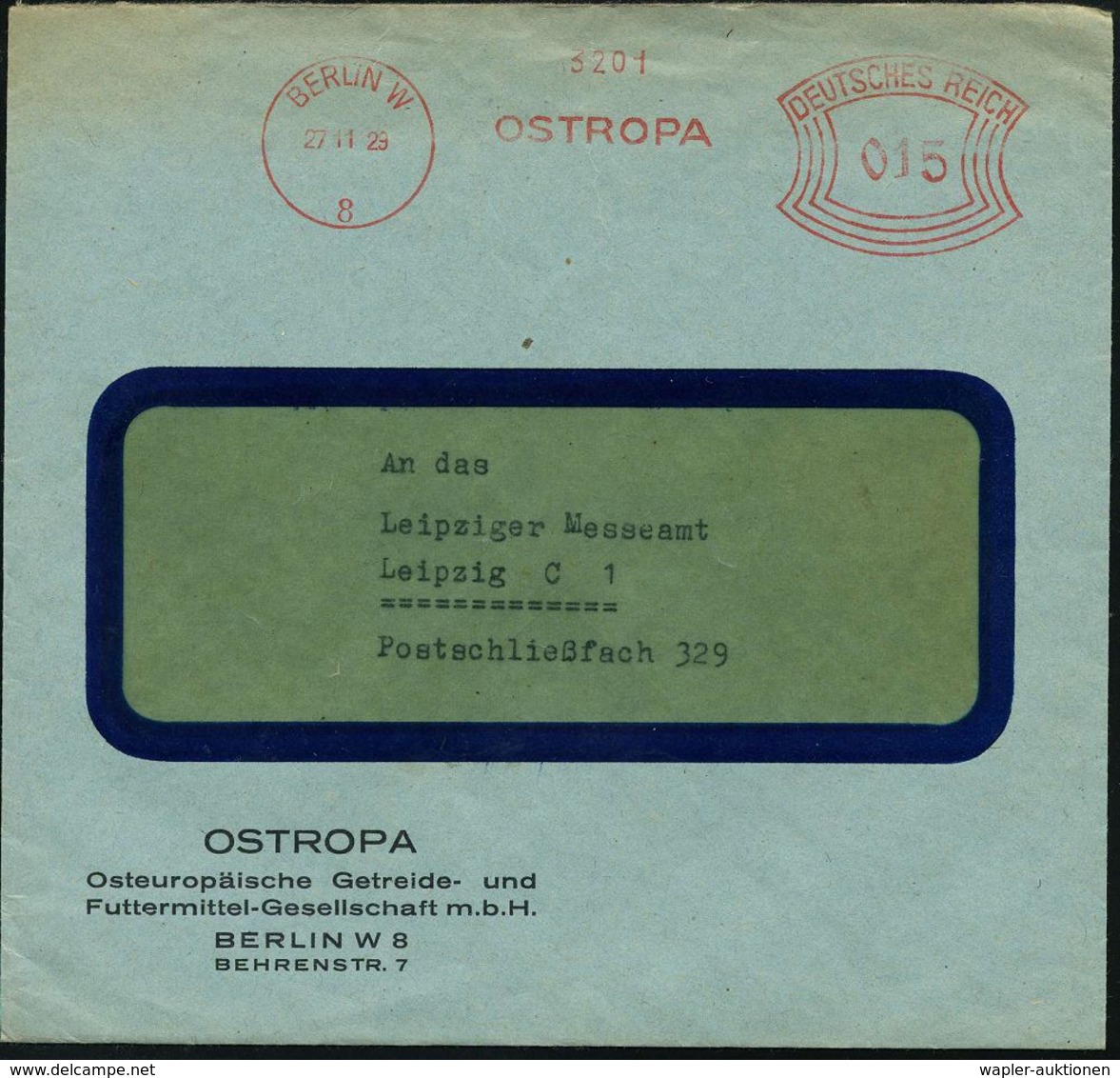BERLIN W/ 8/ OSTROPA 1929 (27.11.) Seltener AFS = Ost Europäische Getreide-u. Futtermittel-Ges., Firmen-Bf.: OSTROPA.. = - Other & Unclassified