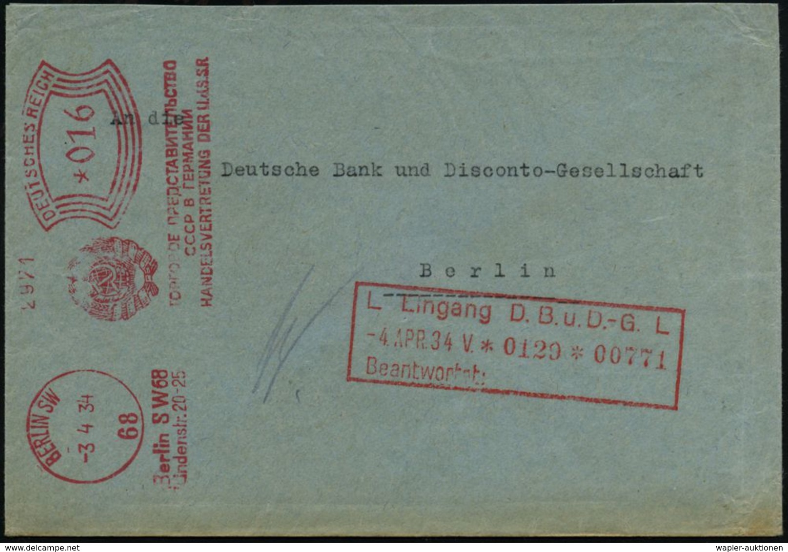 BERLIN SW/ 68/ ..HANDELSVERTRETUNG DER U.d.S.S.R. 1934 (3.4.) Seltener Deutsch-kyrillischer AFS = Sowjet. Staatswappen ( - Altri & Non Classificati