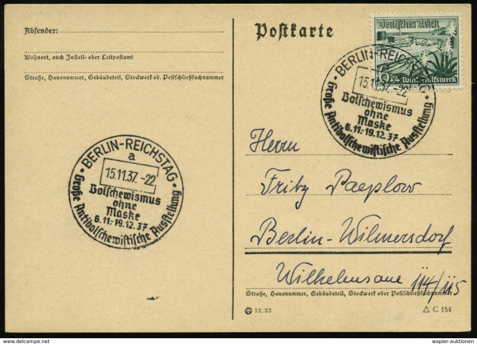 BERLIN-REICHSTAG/ A/ Bolschewismus/ Ohne/ Marke/ 6.11.-19.12./ Gr.Antbolschewistische Ausstellung 1937 (15.11.) SSt Klar - Altri & Non Classificati