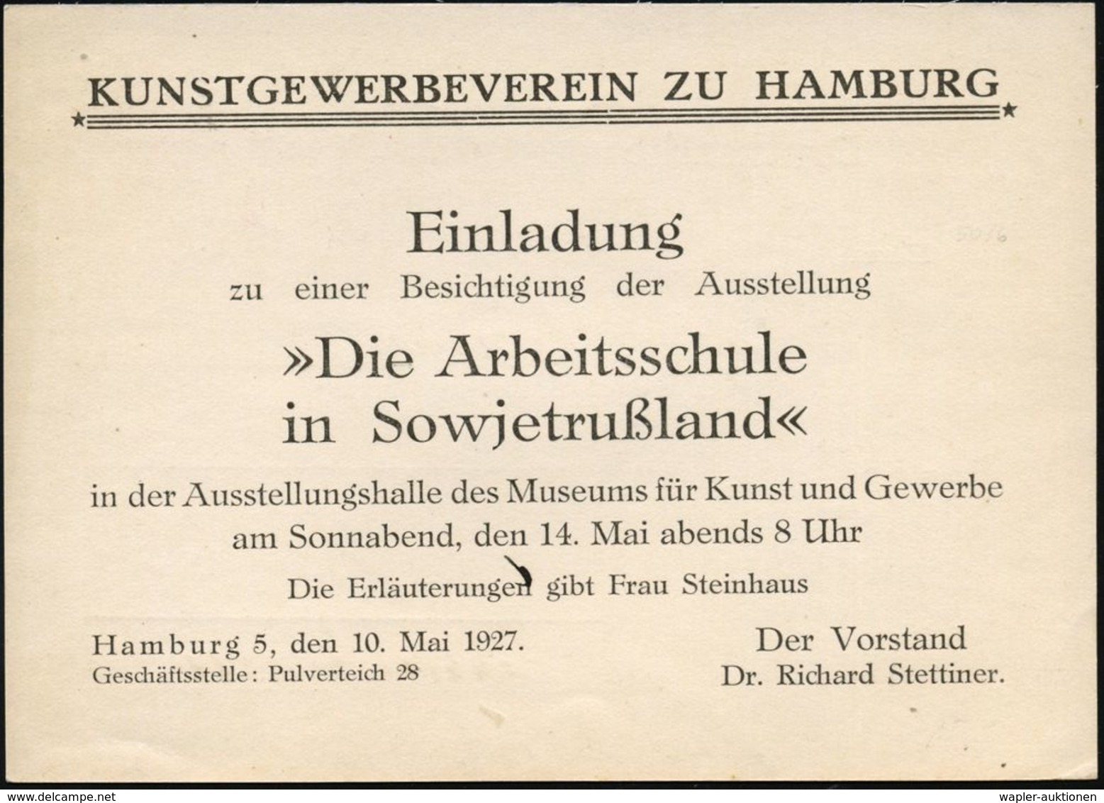 Hamburg 1927 (10.5.) 3 Pf. PFS Achteck Auf Einladungskarte : "Die Arbeitsschule In Sowjetrußland" (Museum Für .Kunst U.G - Autres & Non Classés