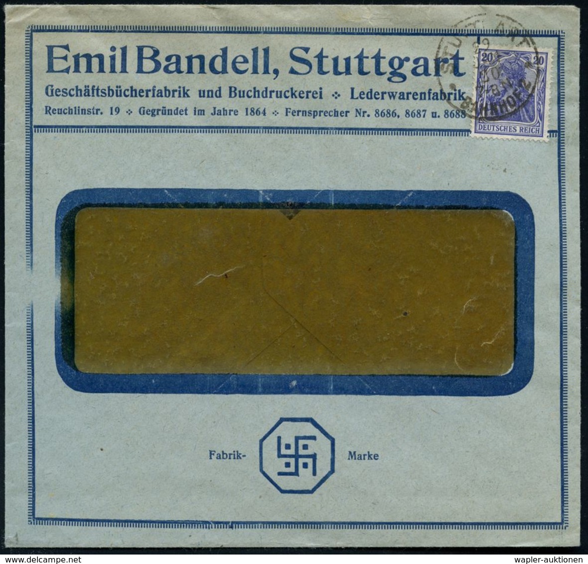 Stuttgart 1920 (14.12.) Firmen-Bf.: Emil Bandell..Fabrik Marke:  Großes  H A K E N K R E U Z  = Firmen-Logo (rs. Klappen - Autres & Non Classés