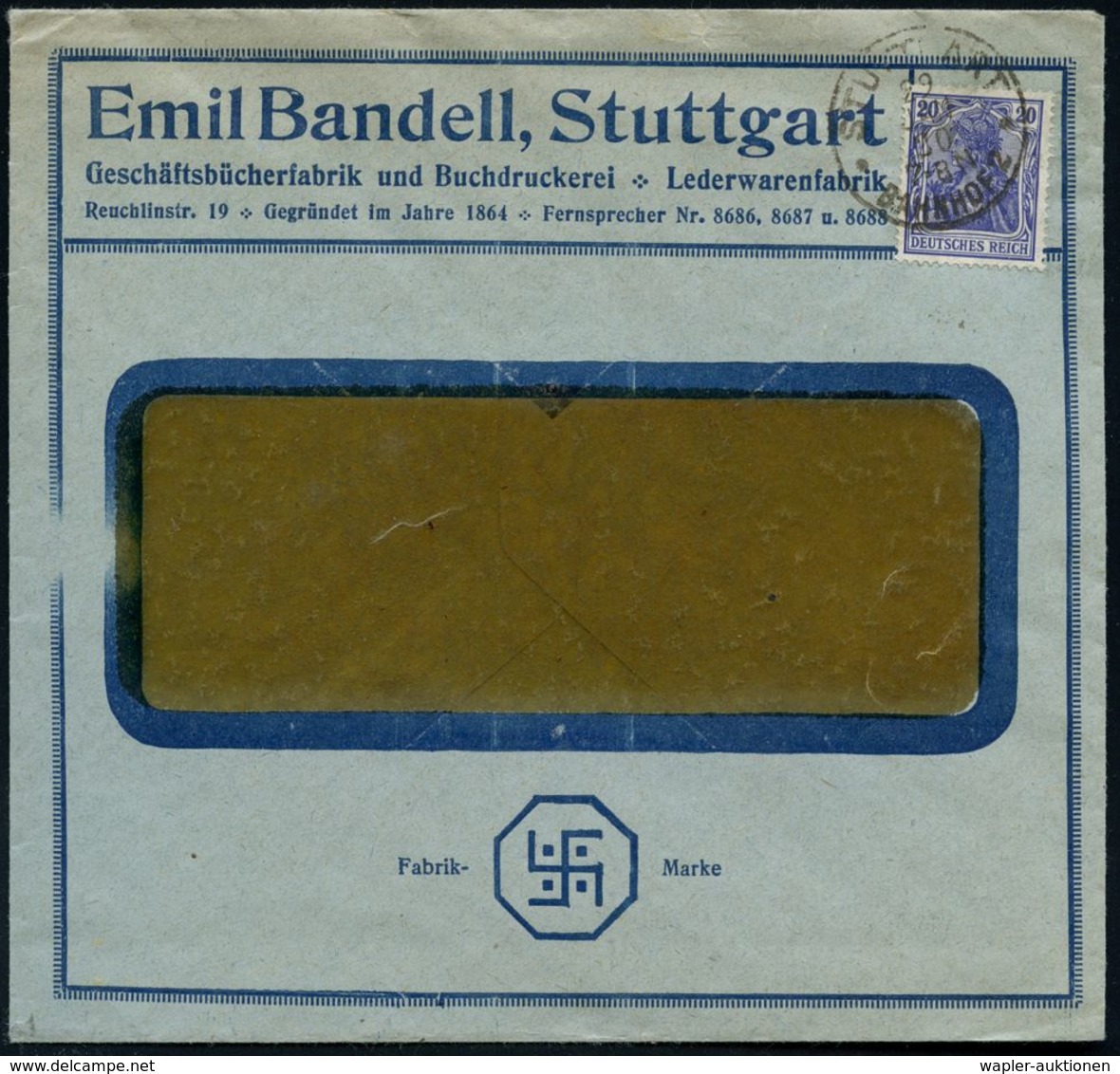 Stuttgart 1920 (14.12.) Firmen-Bf.: Emil Bandell..Fabrik Marke:  Großes  H A K E N K R E U Z  = Firmen-Logo (rs. Klappen - Altri & Non Classificati