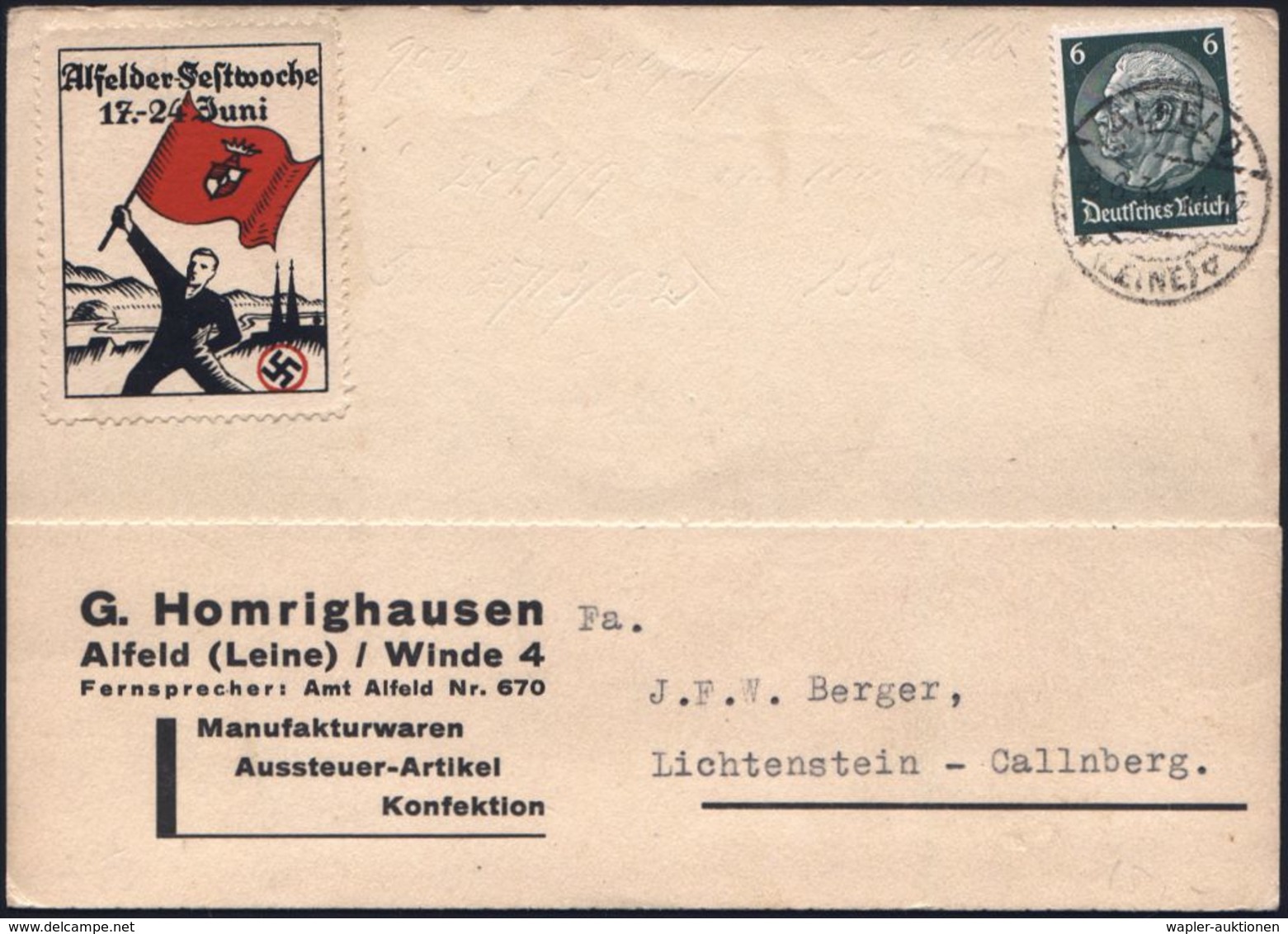 ALFELD/ *(LEINE)/ D 1934 (8.6.) 1K-Brücke + Seltene Propaganda-Vignette: Alfelder Festwoche 17.-24. Juni (Mann M. Flagge - Sonstige & Ohne Zuordnung