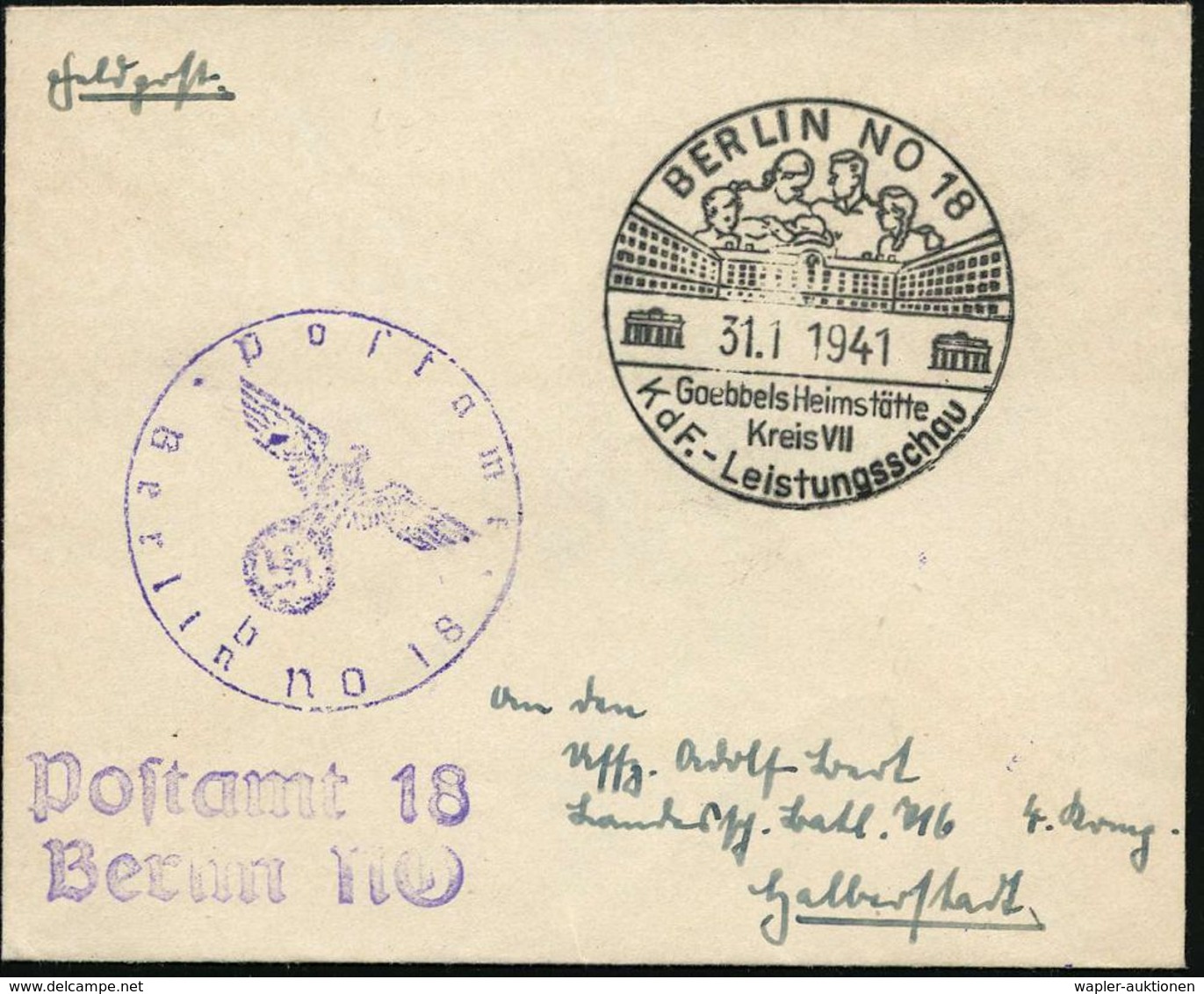 BERLIN NO 18/ Goebbels Heimstätte/ ...KdF.-Leistungsschau 1941 (31.1.) Seltener SSt = 2x Brandenbg. Tor (u. Familie, Woh - Andere & Zonder Classificatie
