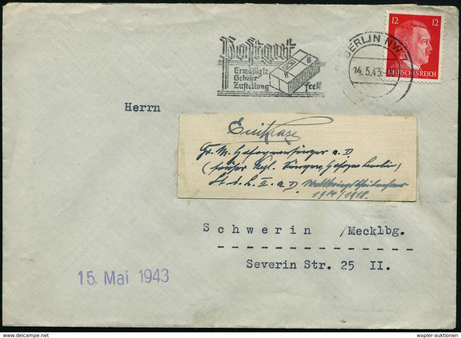 Berlin W 8 1943 (14.5.) Vordruck-Bf. Des Deutschen Kronprinzen, Rs. Prägedruck Goldkrone + "W" + Viol. Abs.-5L: Privatka - Sonstige & Ohne Zuordnung