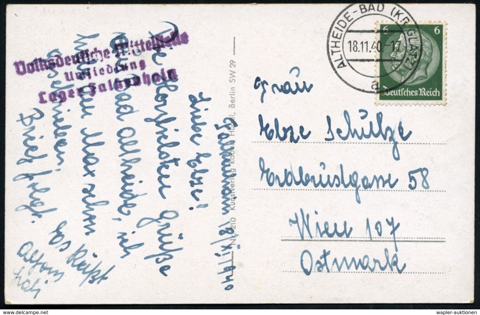 ALTHEIDE-BAD (KR GLATZ)/ A 1940 (18.11.) 2K-Steg + Viol. 3L: Volksdeutsche Mittelstelle/Umsiedlung/Lager Falkenhain , Kl - Sonstige & Ohne Zuordnung