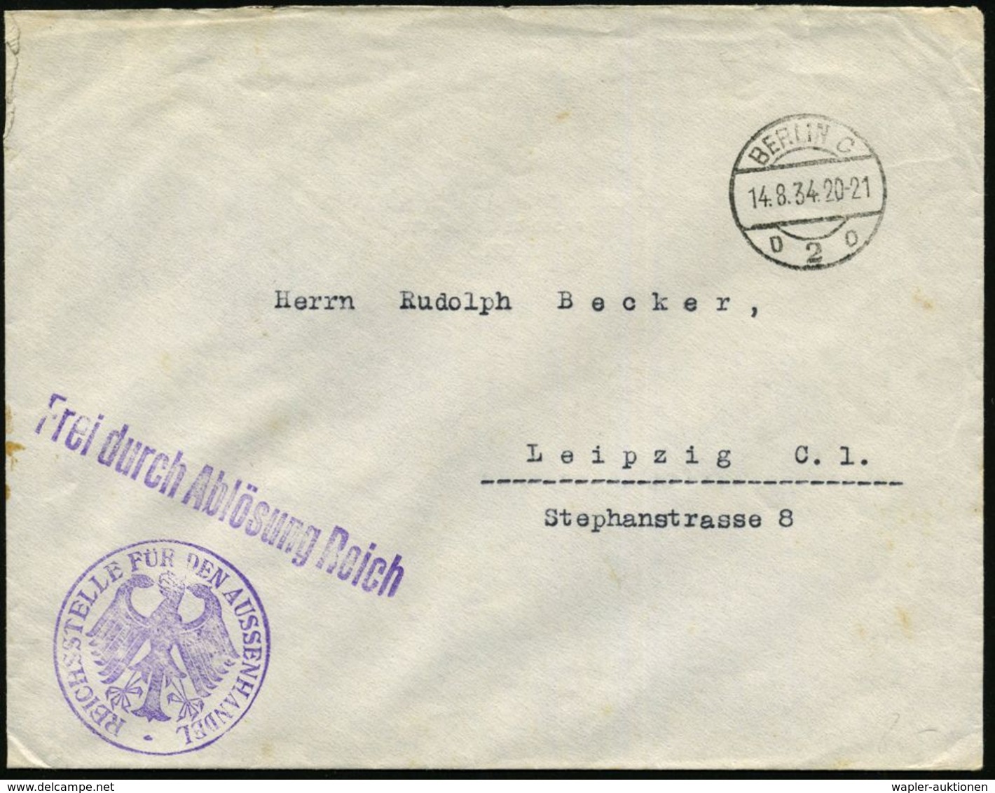 BERLIN C/ D 2 O 1934 (14.8.) 1K-Brücke + Viol. HdN: REICHSSTELLE FÜR DEN AUSSENHANDEL + 1L: Frei Durch Ablösung Reich (n - Altri & Non Classificati