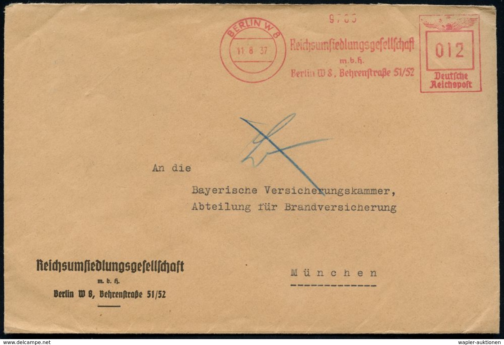 BERLIN W 8/ Reichsumsiedlungsgesellschaft/ M.b.H. 1937 (11.8.) Seltener AFS = Vorläufer VOMI Nach Dem Hitler-Stalin-Pakt - Sonstige & Ohne Zuordnung