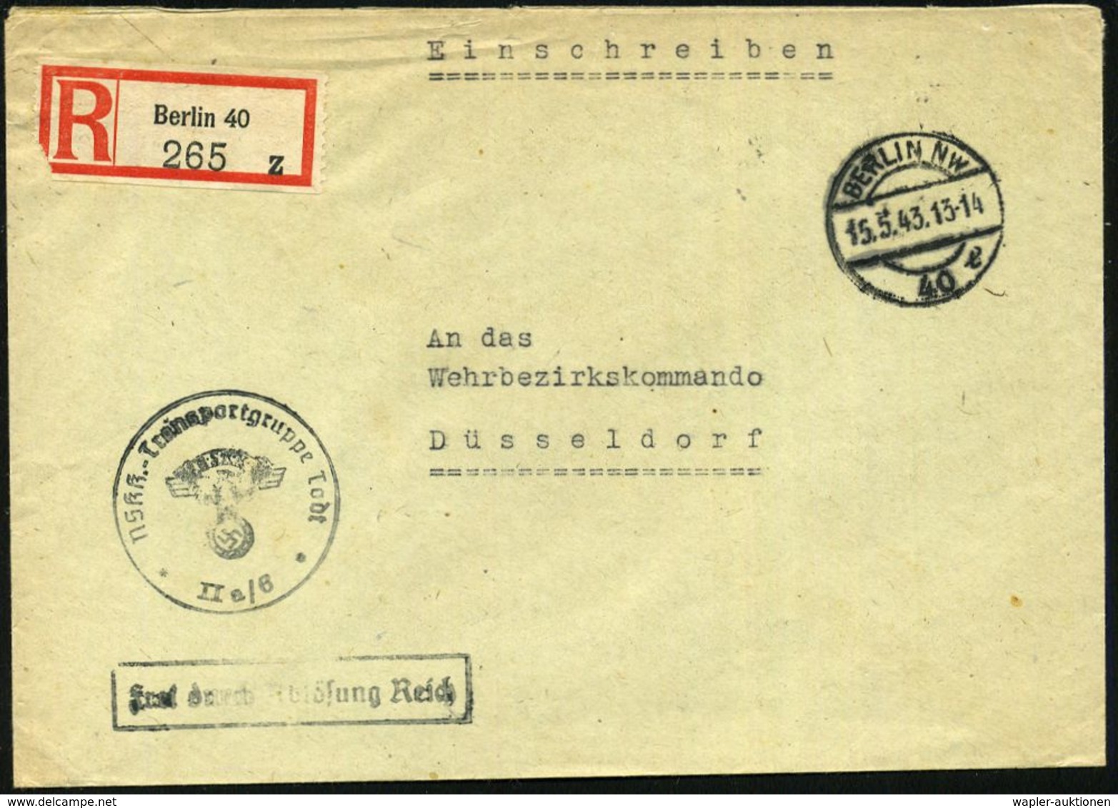 BERLIN NW/ 40/ L 1943 (15.5.) 1K-Brücke + RZ: Berlin 40/z + Ra.: FdAR + 1K-HdN: N S K K - Transportgruppe  T O D T /II A - Altri & Non Classificati