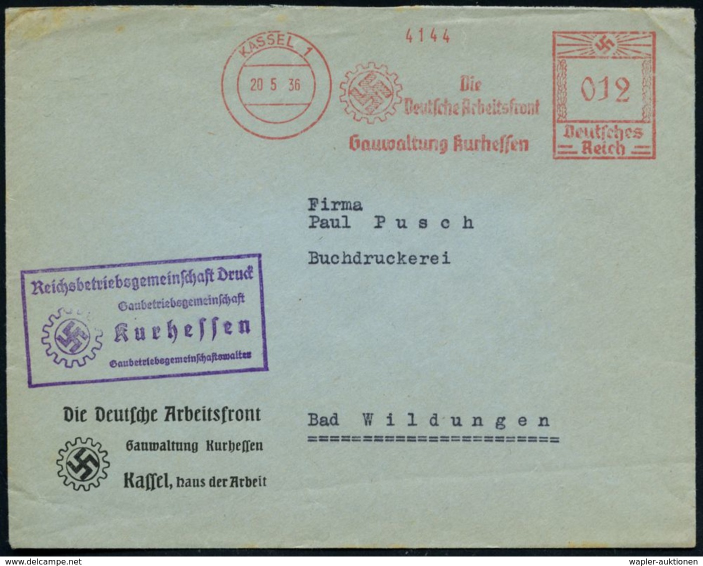 KASSEL 1/ Die/ Deutsche Arbeitsfront/ Gauwaltung Kurhessen 1936 (20.5.) AFS = DAF-Logo + Motivgl. HdN: Reichsbetriebsgem - Altri & Non Classificati