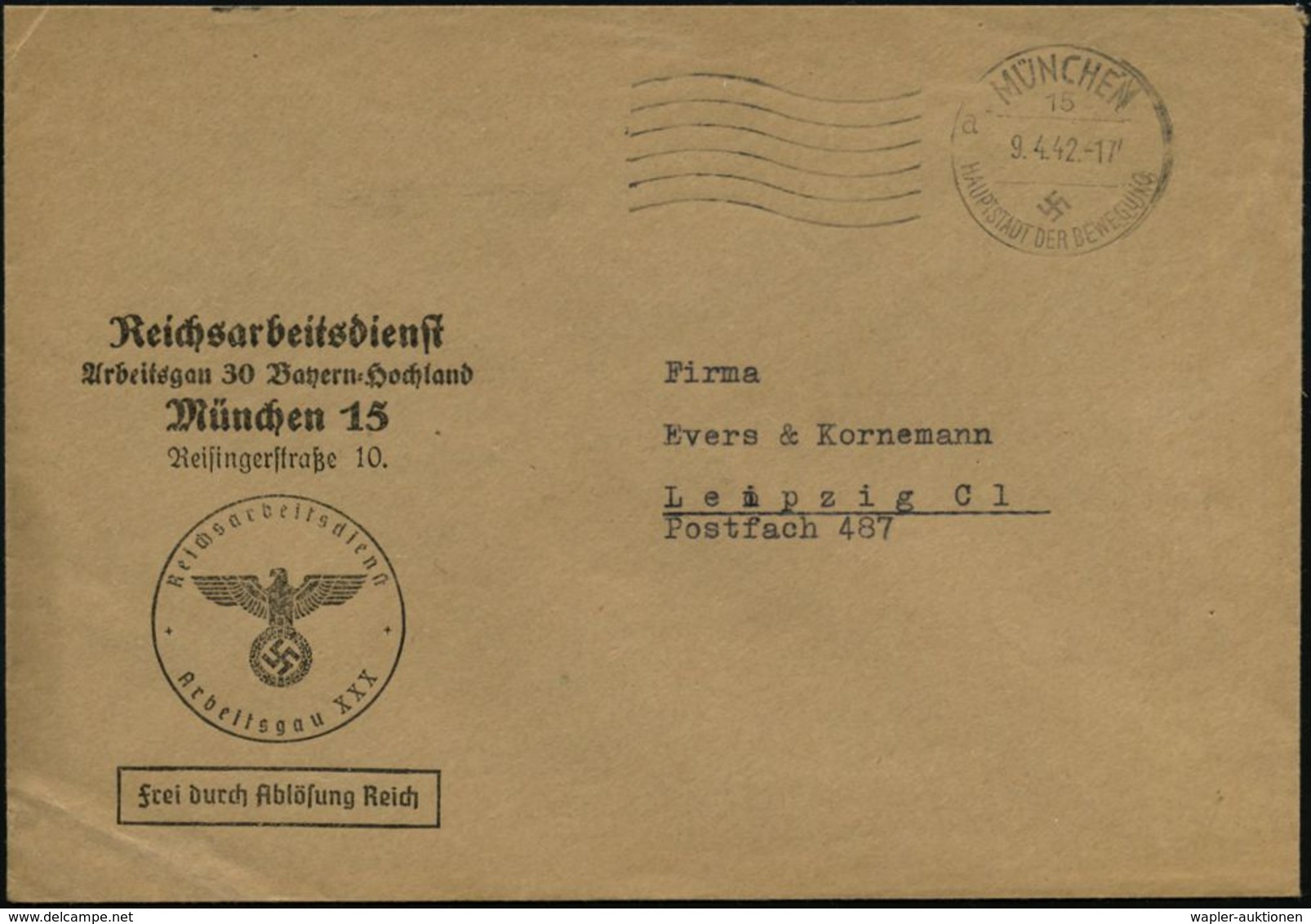 MÜNCHEN/ 15/ A/ HDB 1942 (9.4.) MaWellenSt Auf Dienst-Bf.: Reichsarbeitsdienst/ Arbeitsgau 30 Bayern-Hochland../ FdAR (N - Autres & Non Classés