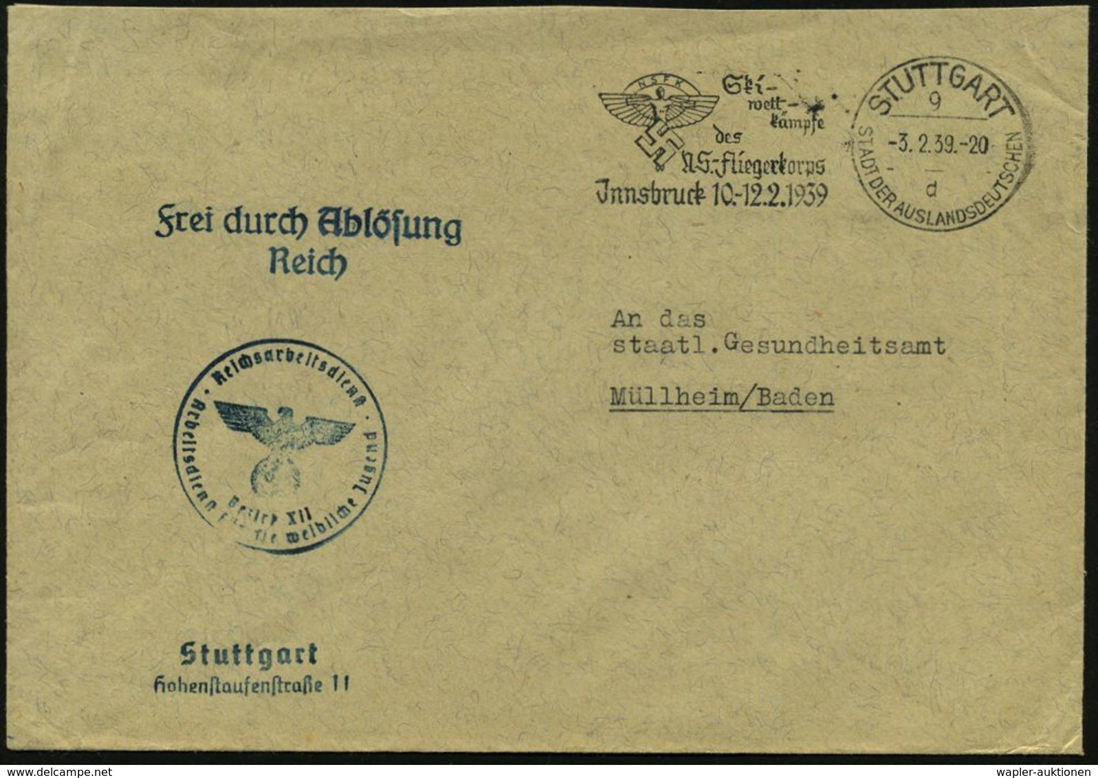 STUTTGART/ 9/ D/ SDA/ NSFK/ Ski-/ Wett-/ Kämpfe/ D./ NS.-Fliegerkorps/ Jnnsbruck 10.-12.2. 1939 (3.2.) Sehr Seltener MWS - Andere & Zonder Classificatie