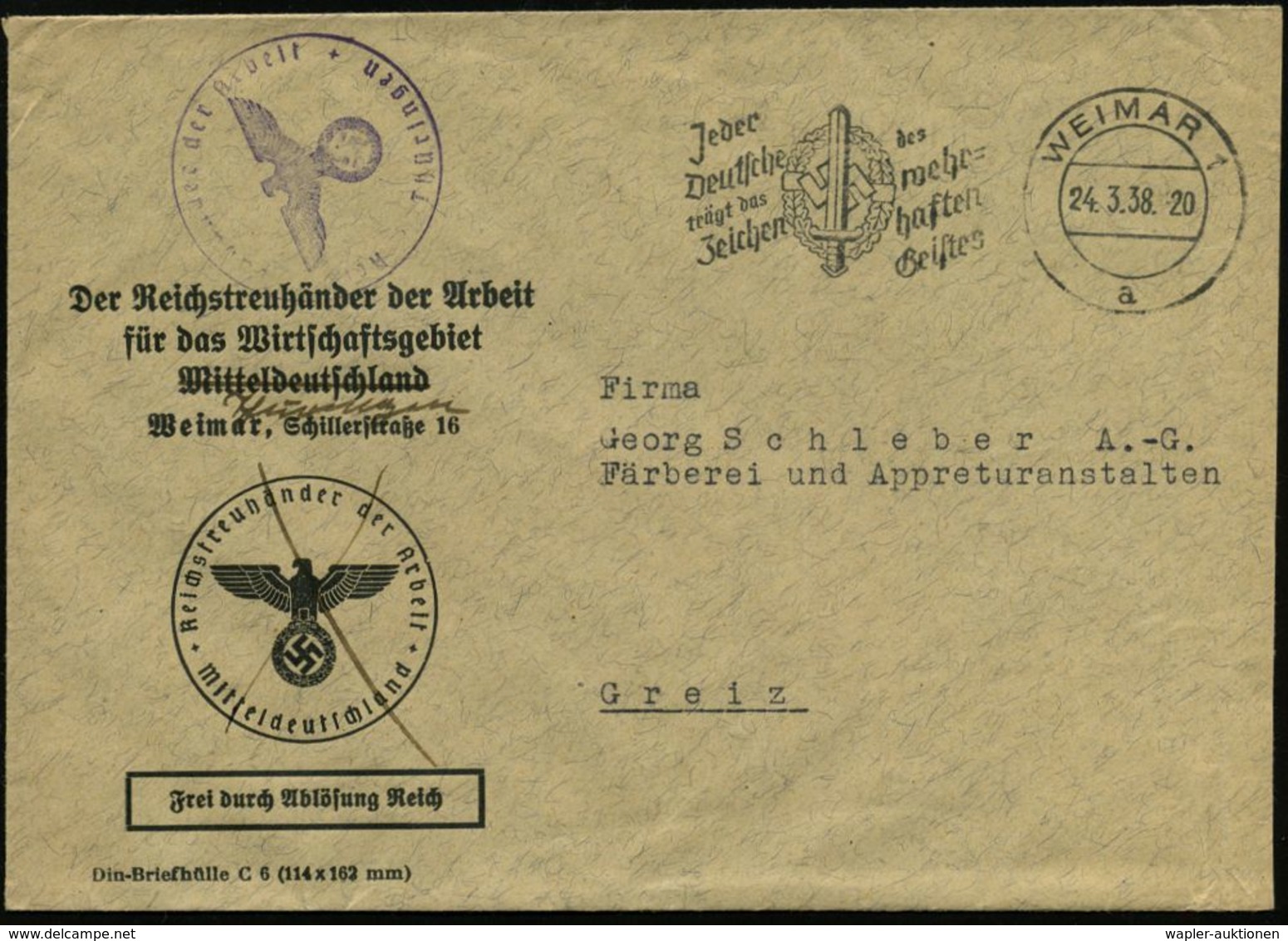WEIMAR 1/ A/ Jeder/ Deutsche/ Trägt Das/ Zeichen/ Des/ Wehr-/ Haften/ Geistes 1938 (24.3.) MWSt (NSKOV-Abzeichen) , Dien - Altri & Non Classificati