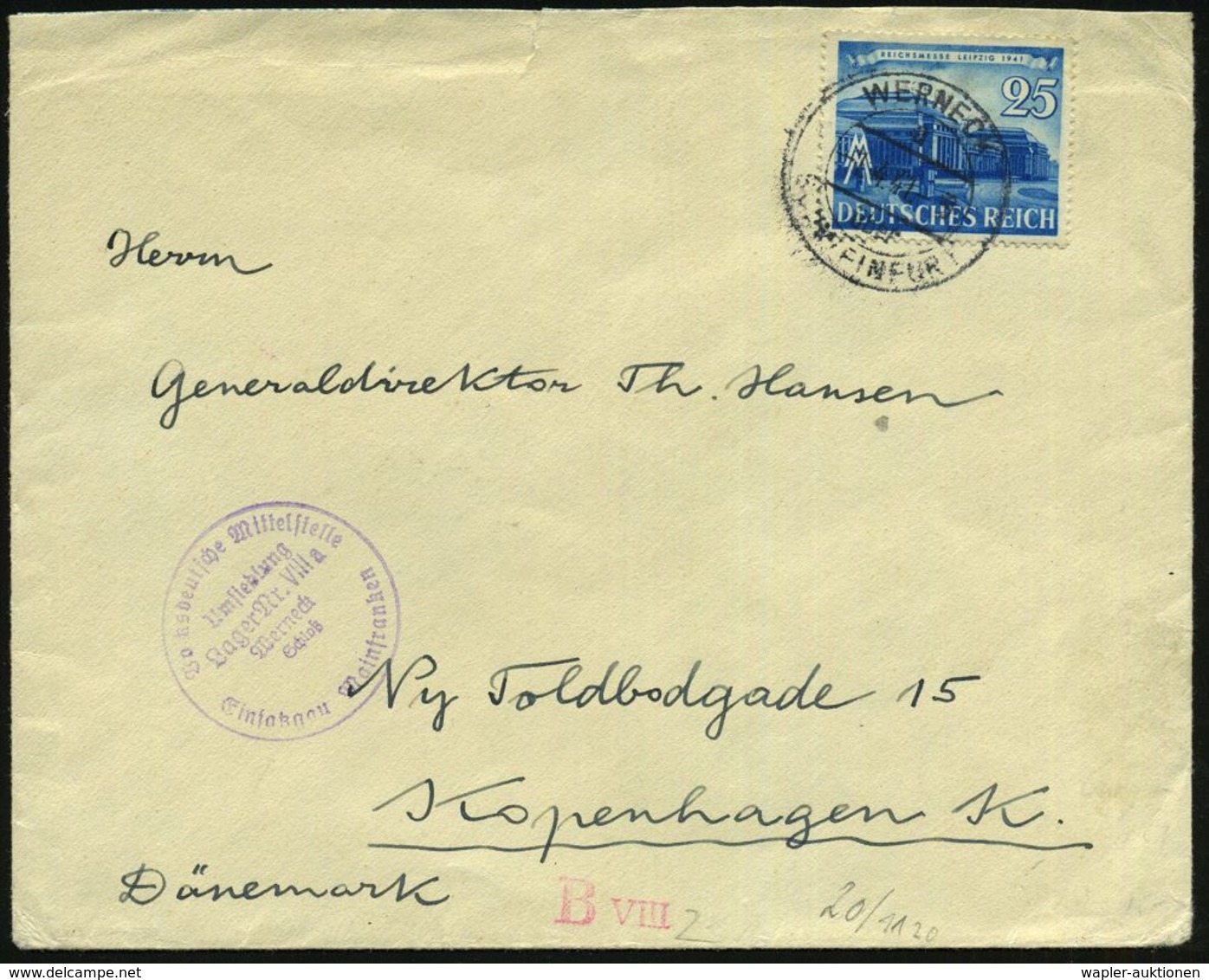 WERNECK/ A/ über/ SCHWEINFURT 1941 (1.4.) 2K-Steg = PSt.I , EF 25 Pf. Leipz. Messe (Mi.767 EF, + 60.- EUR) + Viol. 1K-Hd - Autres & Non Classés