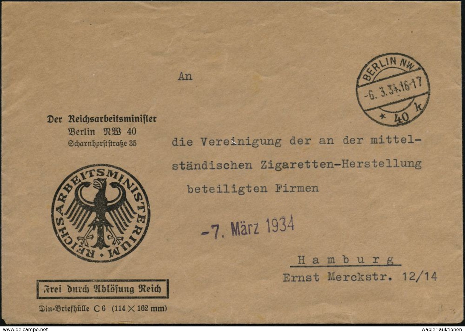 BERLIN NW/ *40k 1934 (6.3.) 1K-Steg Auf Dienst-Bf.: Der Reichsarbeitsminister/..FdAR (noch Alter Weimarer Adler!) Fernbf - Autres & Non Classés