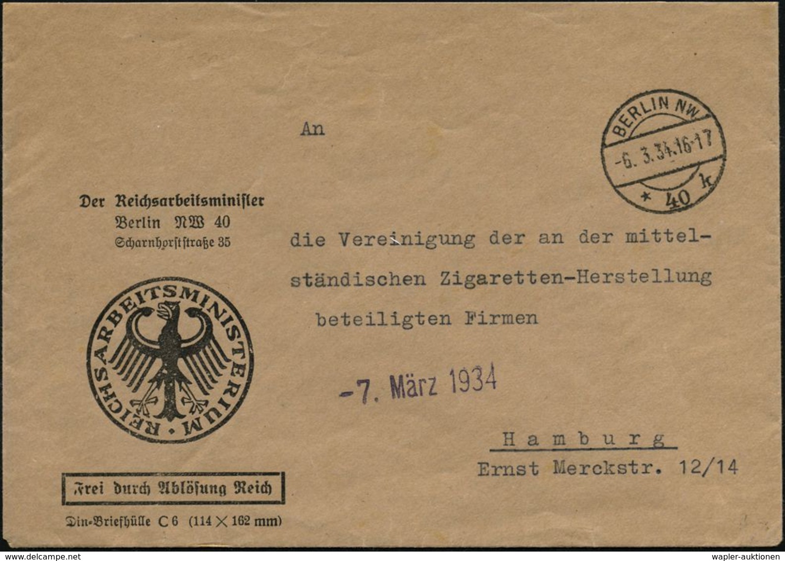 BERLIN NW/ *40k 1934 (6.3.) 1K-Steg Auf Dienst-Bf.: Der Reichsarbeitsminister/..FdAR (noch Alter Weimarer Adler!) Fernbf - Altri & Non Classificati