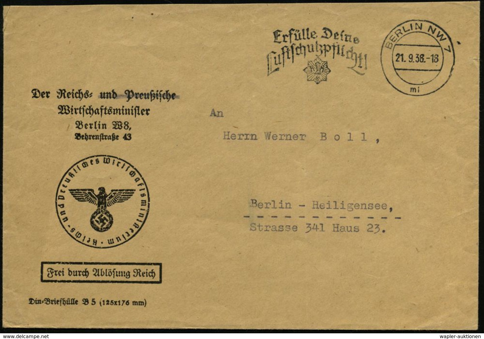 BERLIN NW 7/ Mi/ Erfülle Deine/ Luftschutzpflicht!/ RLB 1938 (21.9.) MWSt (RLB-Abzeichen) Auf Aptiertem Dienst-Bf.: Der  - Andere & Zonder Classificatie