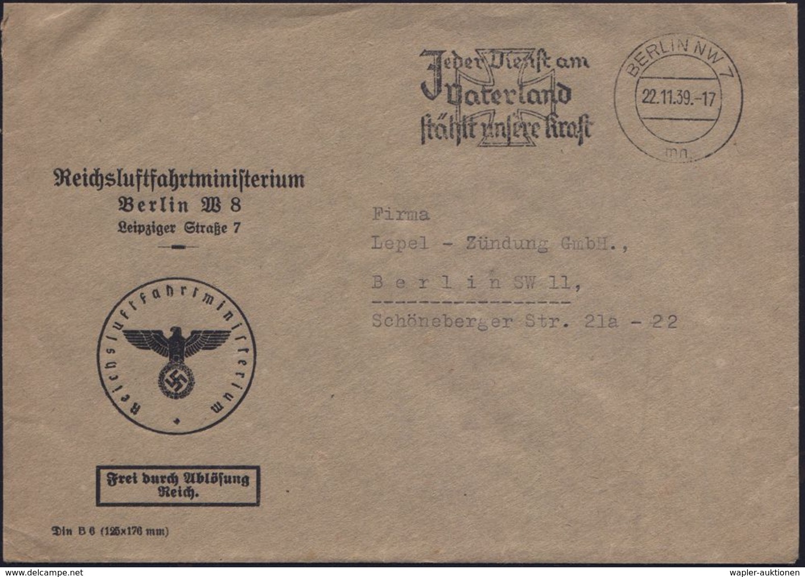 BERLIN NW7/ Mn/ Jeder Dienst Am/ Vaterland/ Stählt Unsere Kraft 1939 (22.11.) MWSt Auf Dienst-Bf.: FdAR/ Reichsluftfahrt - Autres & Non Classés