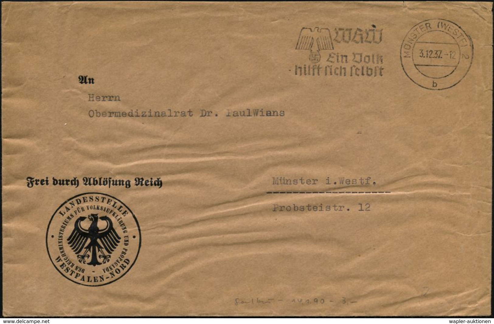 MÜNSTER (WESTF)2/ B/ WHW/ Ein Volk/ Hilft Sich Selbst 1937 (3.12.) MWSt Auf Dienst-Bf.: FdAR/LANDESSTELLE/ DES REICHSMIN - Other & Unclassified