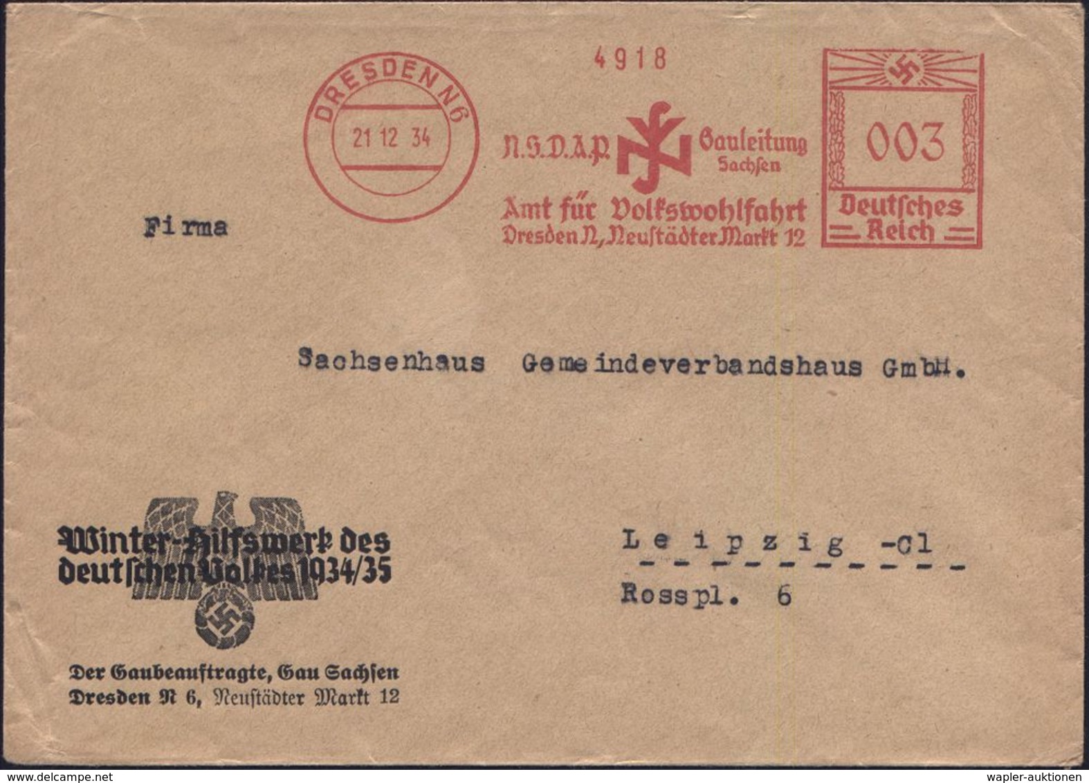 DRESDEN N6/ N.S.D.A.P./ NSV/ Gauleitung/ Sachsen/ Amt Für Volkswohlfahrt 1934 (21.12.) AFS (Monogr.-Logo) Dekorat. Rekla - Altri & Non Classificati