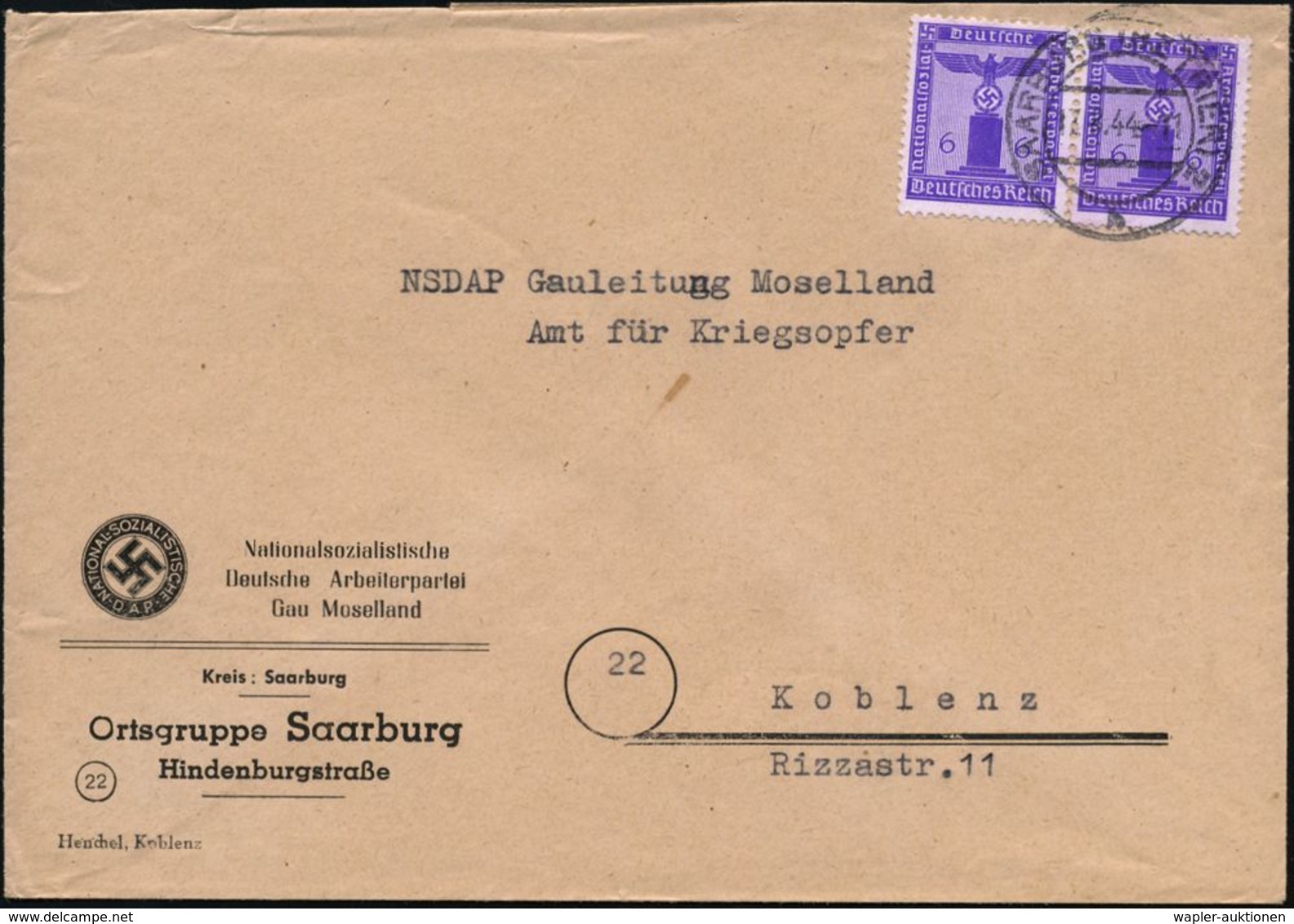 SAARBURG (BZ TRIER)2/ B 1944 (17.8.) 2K-Steg Auf Paar 6 Pf. Parteidienst , Dienst-Bf.: NSDAP Ortsgruppe Saarburg Mit PLG - Otros & Sin Clasificación