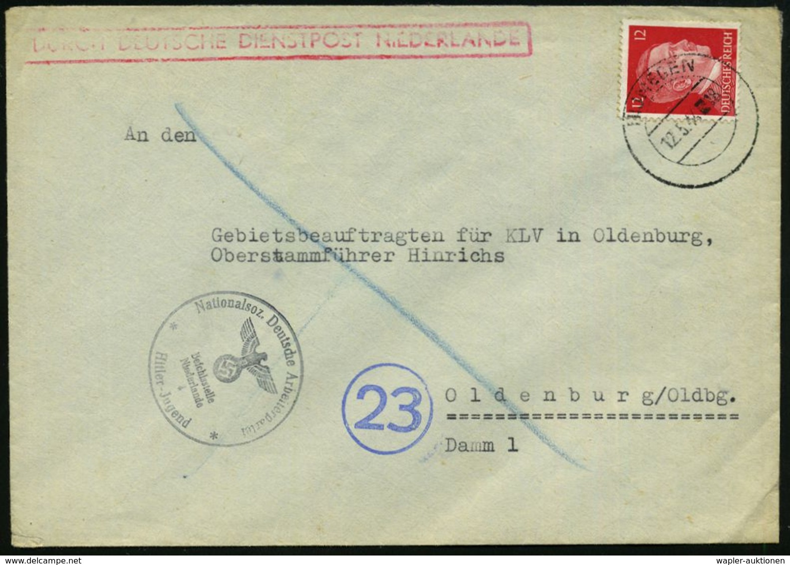 DT.BES.NIEDERLANDE 1944 (12.5.) 2K-Steg: NIJMEGEN Auf EF 12 Pf. Hitler + 1K-HdN: NSDAP/Befehlsstelle/Niederland/4/ H I T - Andere & Zonder Classificatie