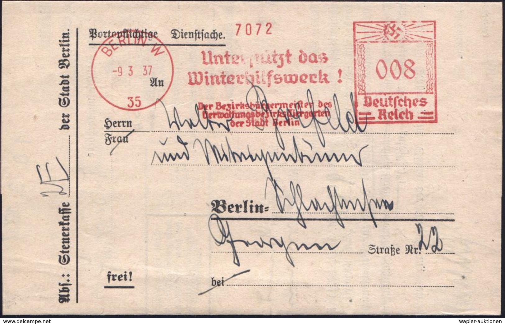 BERLIN W/ 35/ Unterstützt Das/ Winterhilfswerk!/ Der Bez.Bürgermeister..Tiergarten 1937 (9.3.) Seltener AFS , Klar Gest. - Andere & Zonder Classificatie