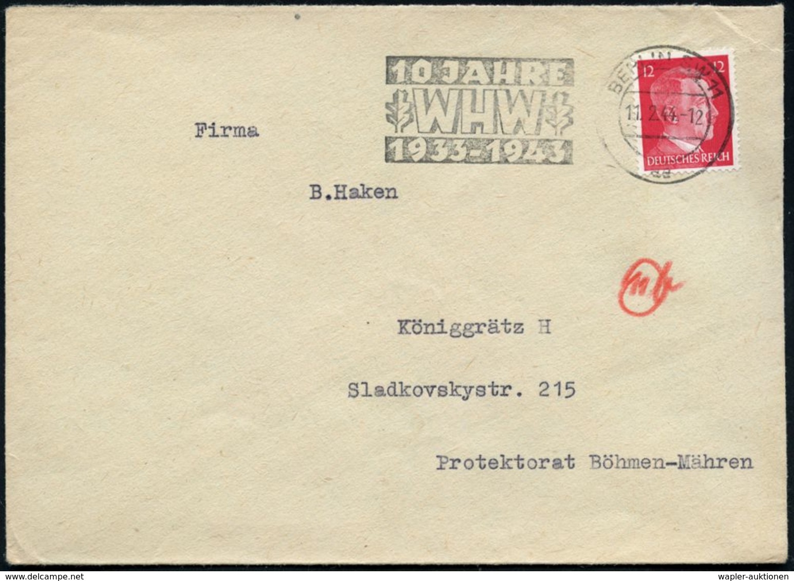 BERLIN SW 11/ Aa/ 10 JAHRE/ W H W/ 1933-1943 1943 (11.2.) MWSt Klar Auf Bedarfs-Bf. (Bo.S 405 A , Nur Ca. 5 Monate Verwe - Autres & Non Classés