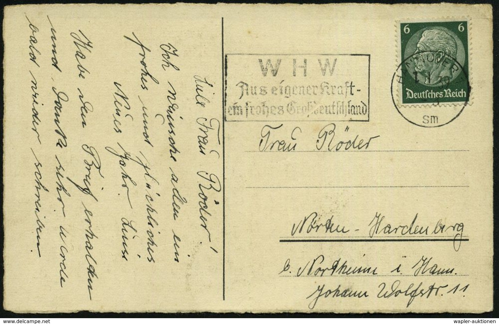 HANNOVER 1/ Sm/ WHW/ Aus Eigener Kraft-/ Ein Frohes Großdeutschland 1939 (3.1.) Seltener MWSt Klar Auf Bedarfs-Kt. (Bo.S - Andere & Zonder Classificatie