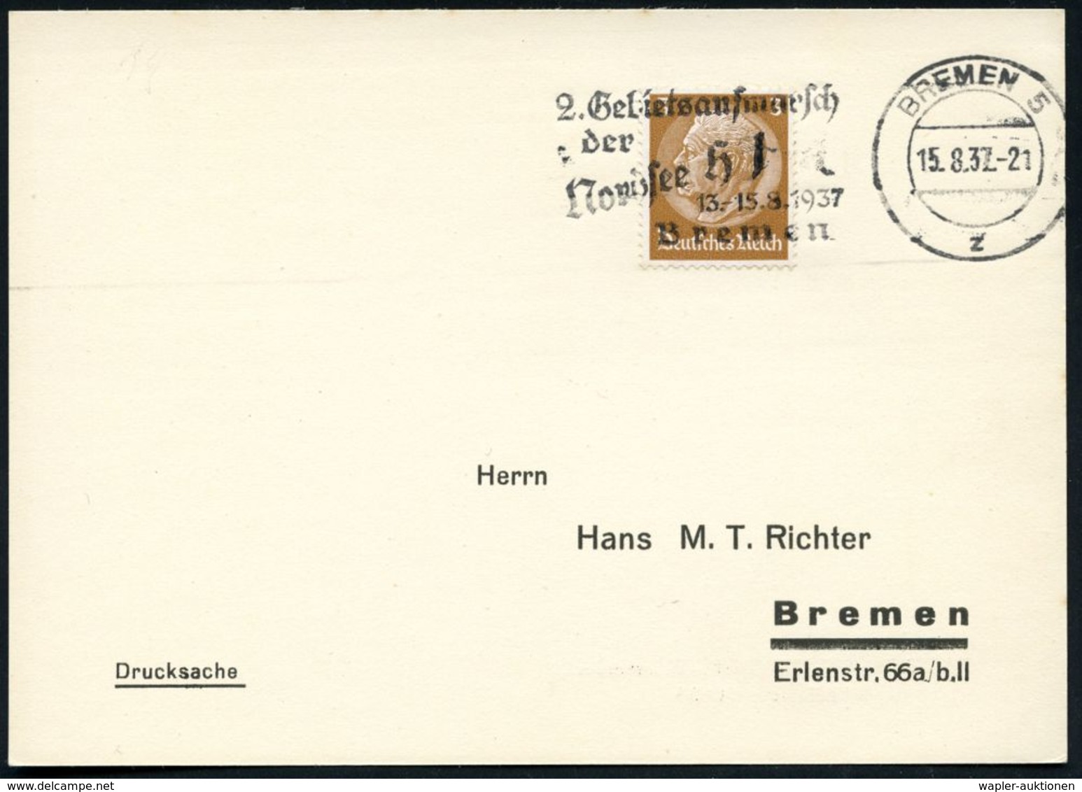 BREMEN 5/ Z/ 2.Gebietsaufmarsch/ Der/ Nordsee HJ/ 13.-15.8. 1937 (15.8.) MWSt Klar Auf Drs.-Karte (Bo.19 A , Nur 3 Tage  - Andere & Zonder Classificatie