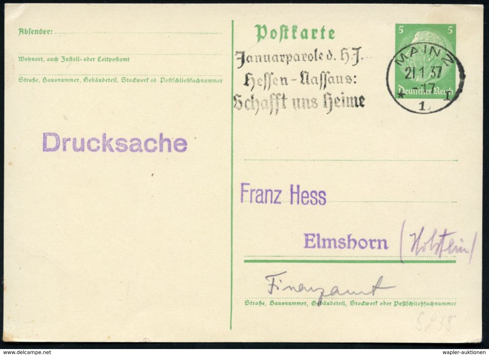 MAINZ/ *1I/ Januarparole Der HJ/ Hessen-Nassaus:/ Schafft Uns Heime 1937 (21.1.) Seltener MWSt Klar Auf Inl.-Karte (Bo.S - Andere & Zonder Classificatie