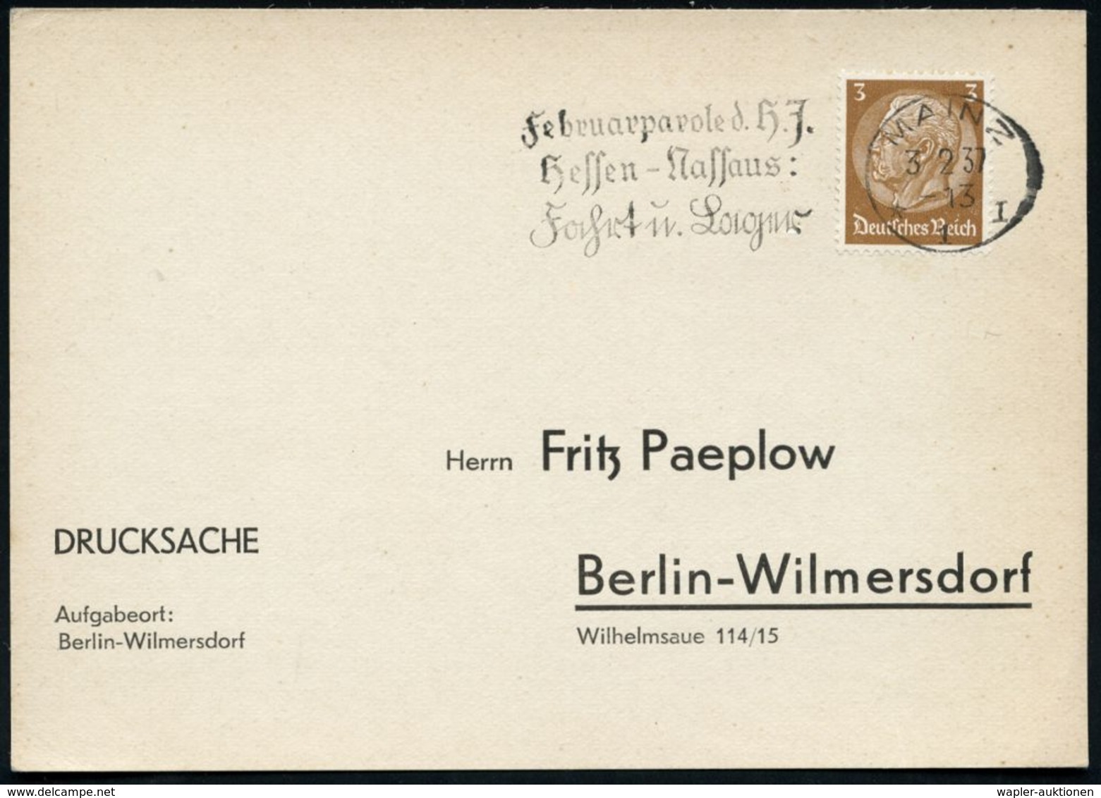 MAINZ/ *1I/ Februarparole D.HJ/ Hessen-Nassaus:/ Fahrt U.Lager 1937 (3.2.) Seltener MWSt, Teils Sütterlin , Klar Gest. I - Sonstige & Ohne Zuordnung