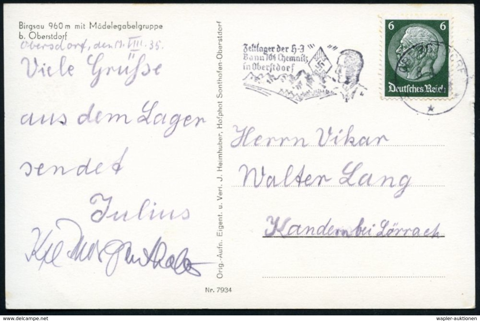 OBERSTDORF/ ***/ Zeltlager Der HJ/ Bann 104 Chemnitz.. 1935 (8.8.) MWSt = Hitlerjunge Vor Bergen, HJ-Emblem , Bedarfs-s/ - Sonstige & Ohne Zuordnung