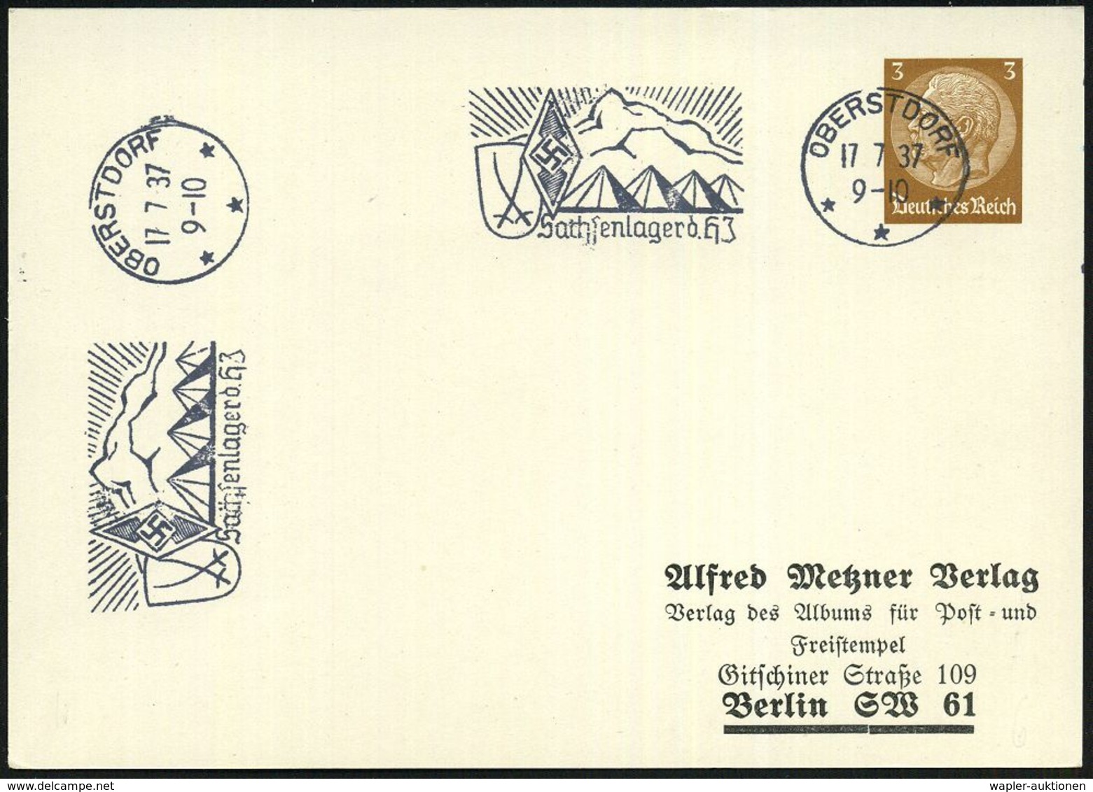 OBERSTDORF/ ***/ Sachsenlager Der HJ 1937 (17.7.) MWSt = HJ.-Logo (Wappen Mit Sächs. Kursschwertern, Zelte Vor Bergen) 2 - Andere & Zonder Classificatie
