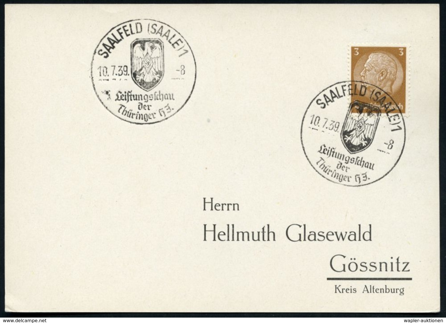 SAALFELD (SAALE) 1/ Leistungsschau/ Der/ Thüringer HJ. 1939 (Juli) SSt = HJ-Logo (in Adler-Wappen) Klar Gest. Inl.-Bf. ( - Autres & Non Classés