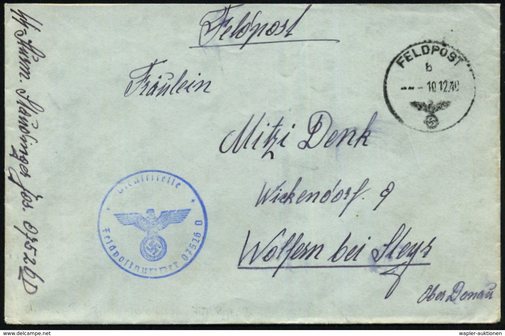 DEUTSCHES REICH 1940 (10.12.) 1K: FELDPOST/b/--- + Blauer 1K-HdN: Feldpostnr. 07526 D =  S S - Inf.-Rgt. 3 "Totenkopf" + - Sonstige & Ohne Zuordnung