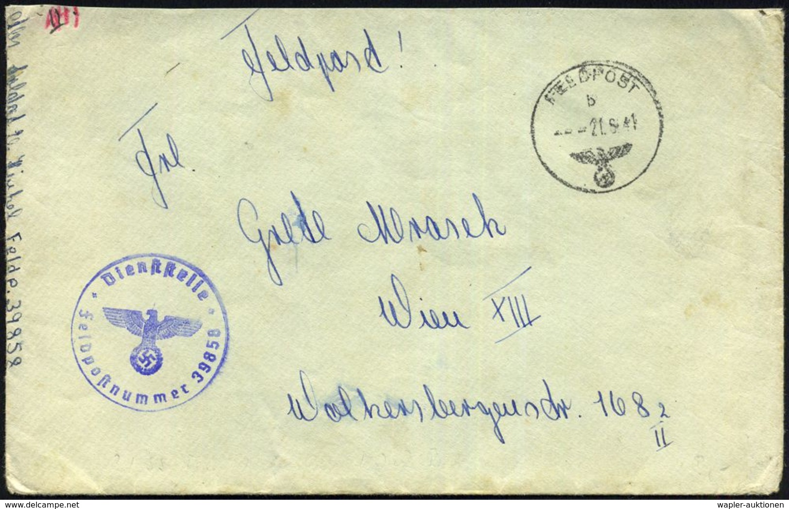 DEUTSCHES REICH 1941 (21.6.) 1K: FELDPOST/b/--- + Blauer 1K-HdN: Feldpostnr. 39850 = Fla-Maschinengewehr-Batl. S S - Div - Sonstige & Ohne Zuordnung