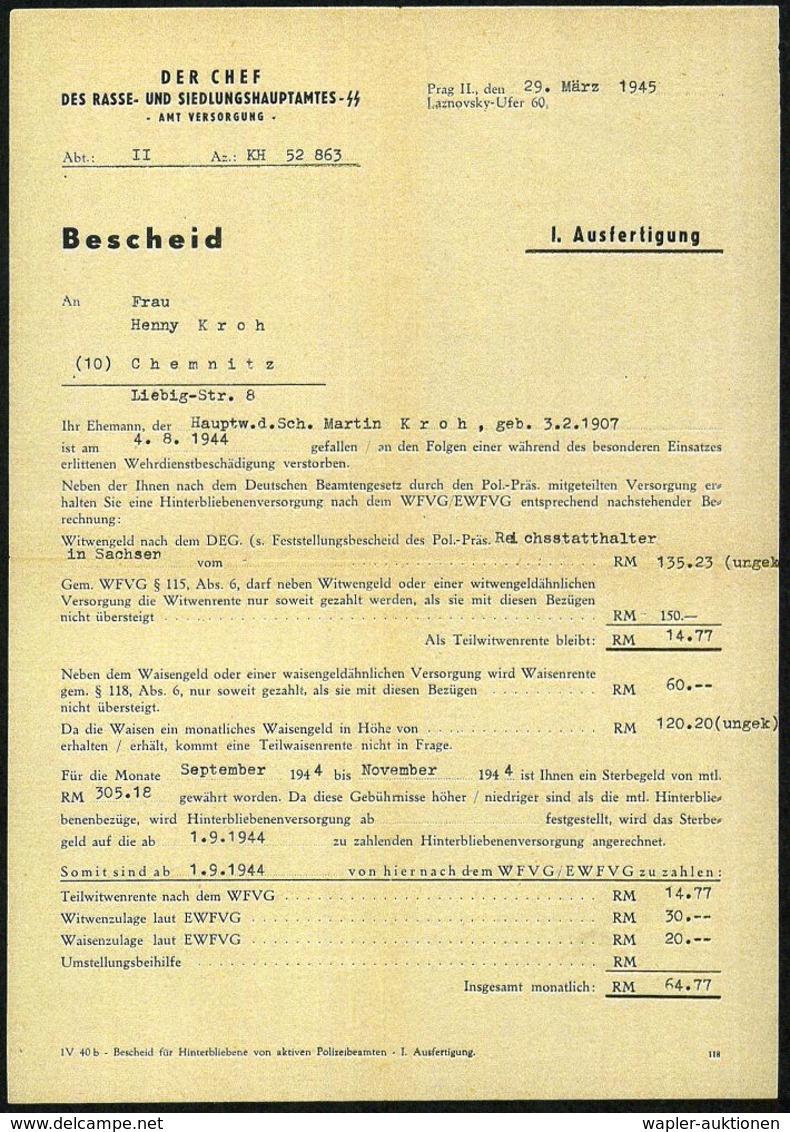BÖHMEN & MÄHREN 1945 (29.3.) "Bescheid" Des Chefs Des Rasse- U. Siedlungshauptamtes SS, Prag Zur Witwenrente Eines 1944  - Otros & Sin Clasificación