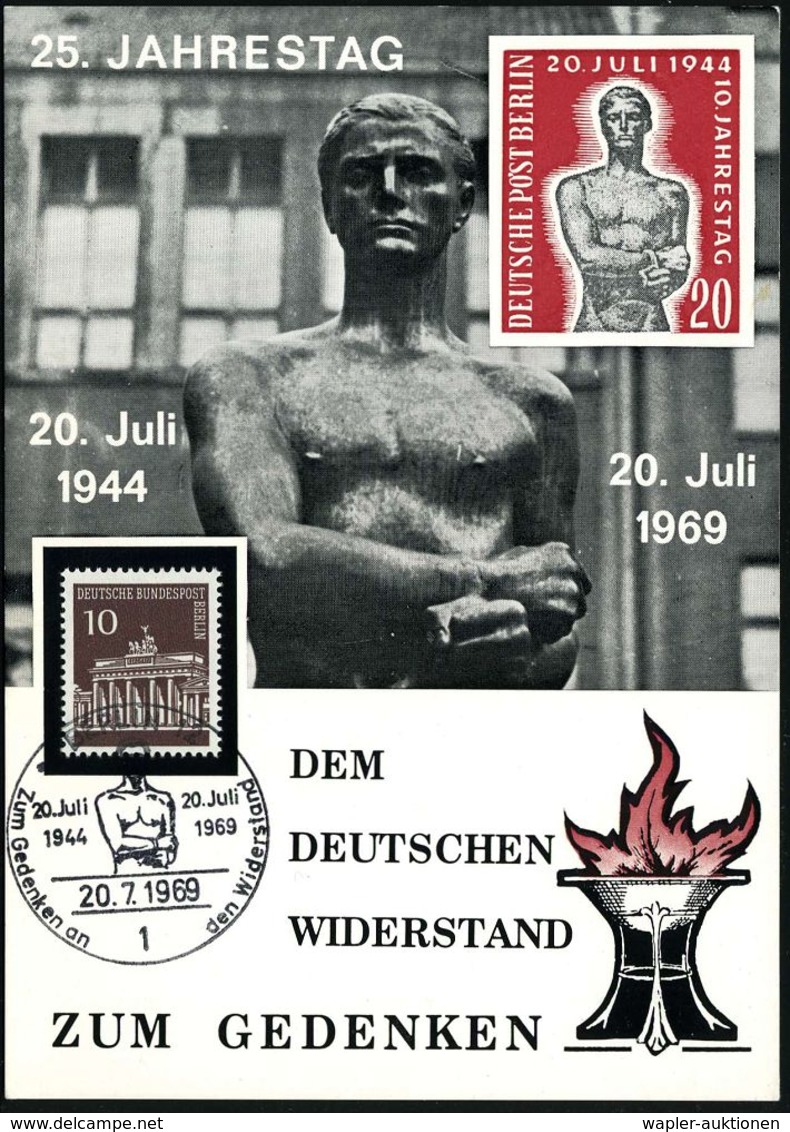 1 BERLIN 12/ 20.Juli/ 1944../ Widerstand 1969 (20.7.) Seltener SSt (Widerstandskämpfer-Denkmal), Motivähnl. Gedenkblatt  - Sonstige & Ohne Zuordnung