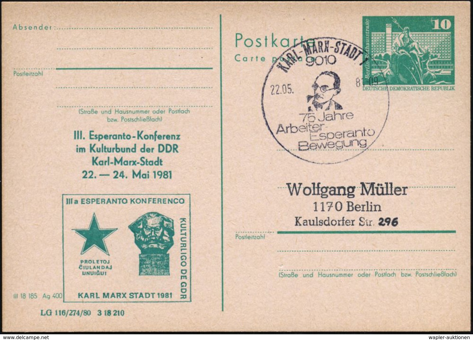 9010 KARL-MARX-STADT 1/ 75 Jahre/ Arbeiter/ Esperanto.. 1981 (22.5.) SSt = Ludwig Renn (KPD-Mitglied, Autor, Spanien-Käm - Andere & Zonder Classificatie