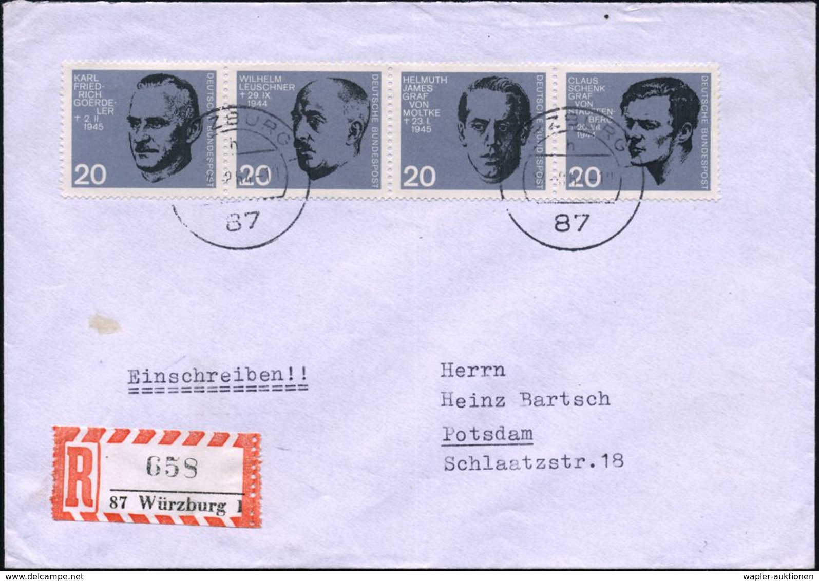 B.R.D. 1964 (21.7.) Widerstandskämpfer Des 20. Juli 1944, Kompl. Satz Aus Block In Zus.-4er-Streifen , 1K: 87 WÜRZBURG 1 - Andere & Zonder Classificatie