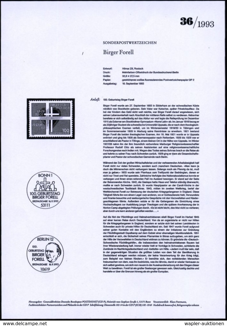 B.R.D. 1993 (Sept.) 100 Pf. "100. Geburtstag Birger Forell" Mit Amtl. Handstempel:  "M U S T E R" Postfr. + Amtl. Ankünd - Altri & Non Classificati