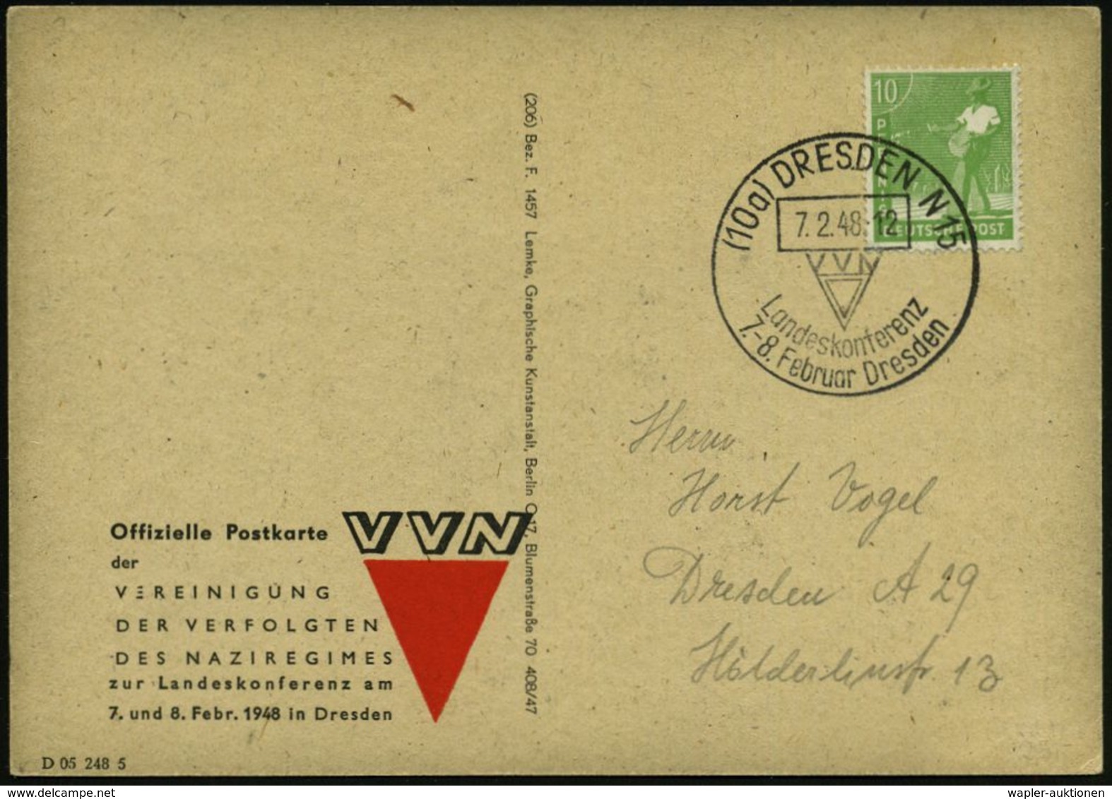 (10a) DRESDEN N15/ VVN/ Landeskonferenz 1948 (7.2.) SSt = KZ.-Winkel (VVN = Verband D.Verfolgten Des NS-Regimes) Seltene - Otros & Sin Clasificación