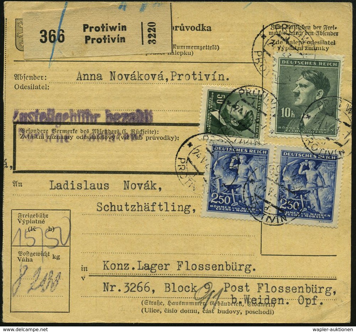 BÖHMEN & MÄHREN 1943 (24.5.) 2K-Steg + Paketzettel: Protiwin / Protivin (zweisprachig) Frankatur 2x 250 H. Wagner U. Hit - Autres & Non Classés