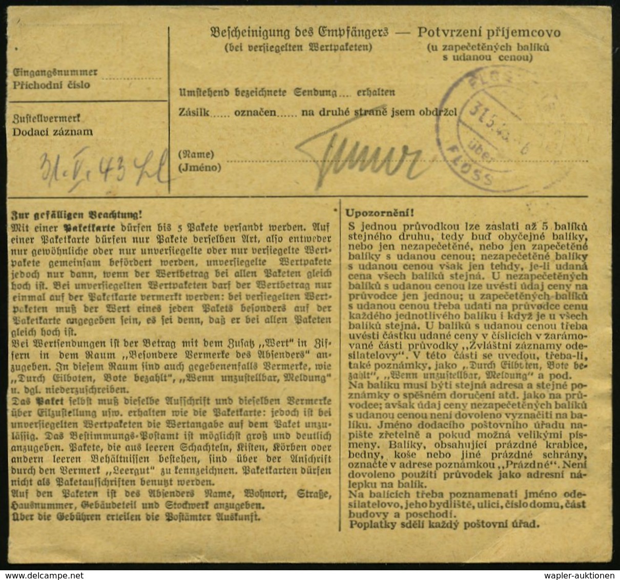 BÖHMEN & MÄHREN 1943 (24.5.) 2K-Steg + Paketzettel: Protiwin / Protivin (zweisprachig) Frankatur 2x 250 H. Wagner U. Hit - Andere & Zonder Classificatie