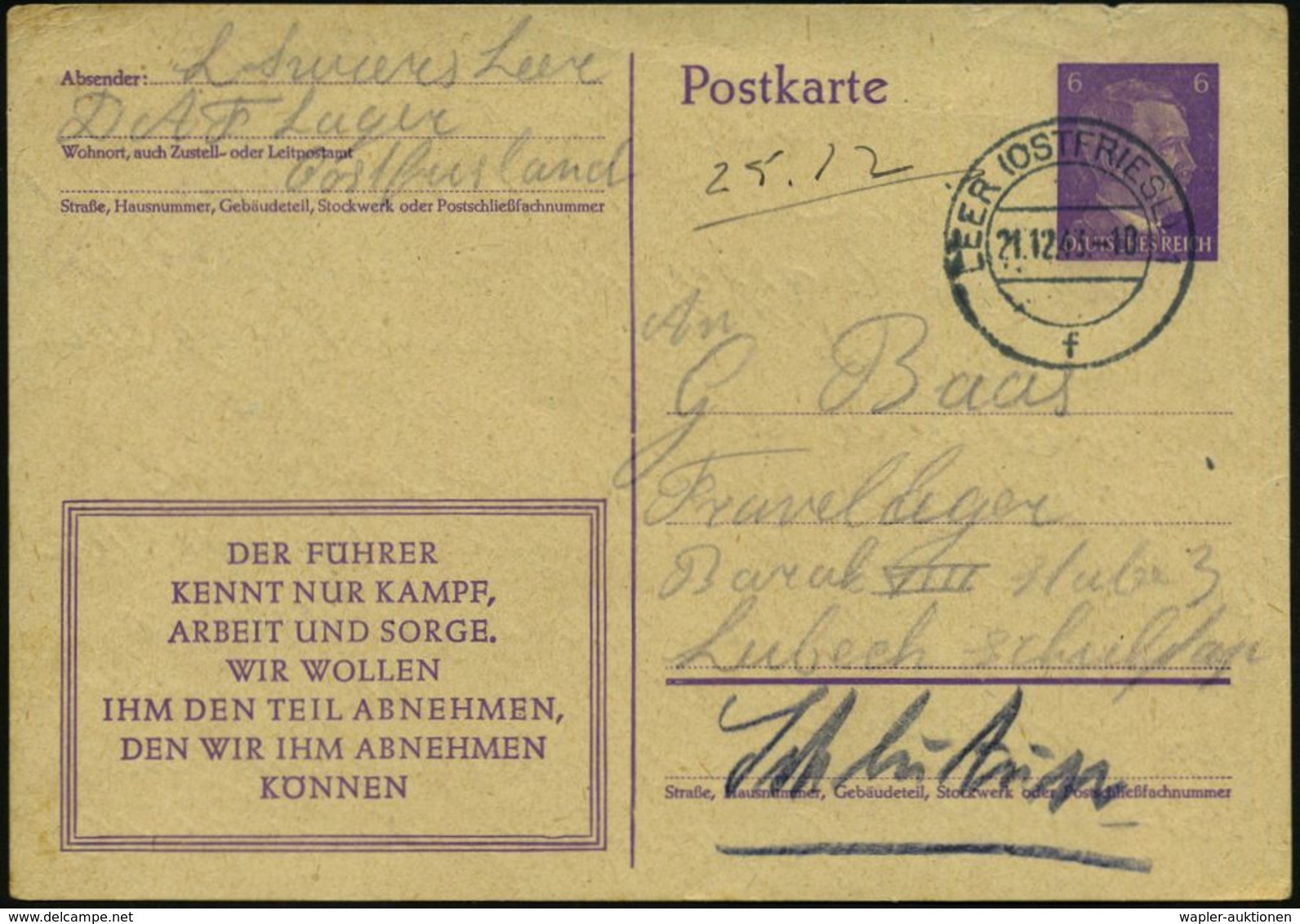 LEER (OSTFRIESL)/ F 1943 (21.12.) 2K-Steg + Hs. Abs.: "D A F Lager Ostfriesland..", Inl.-Kt. Eines Niederländers An Nied - Sonstige & Ohne Zuordnung