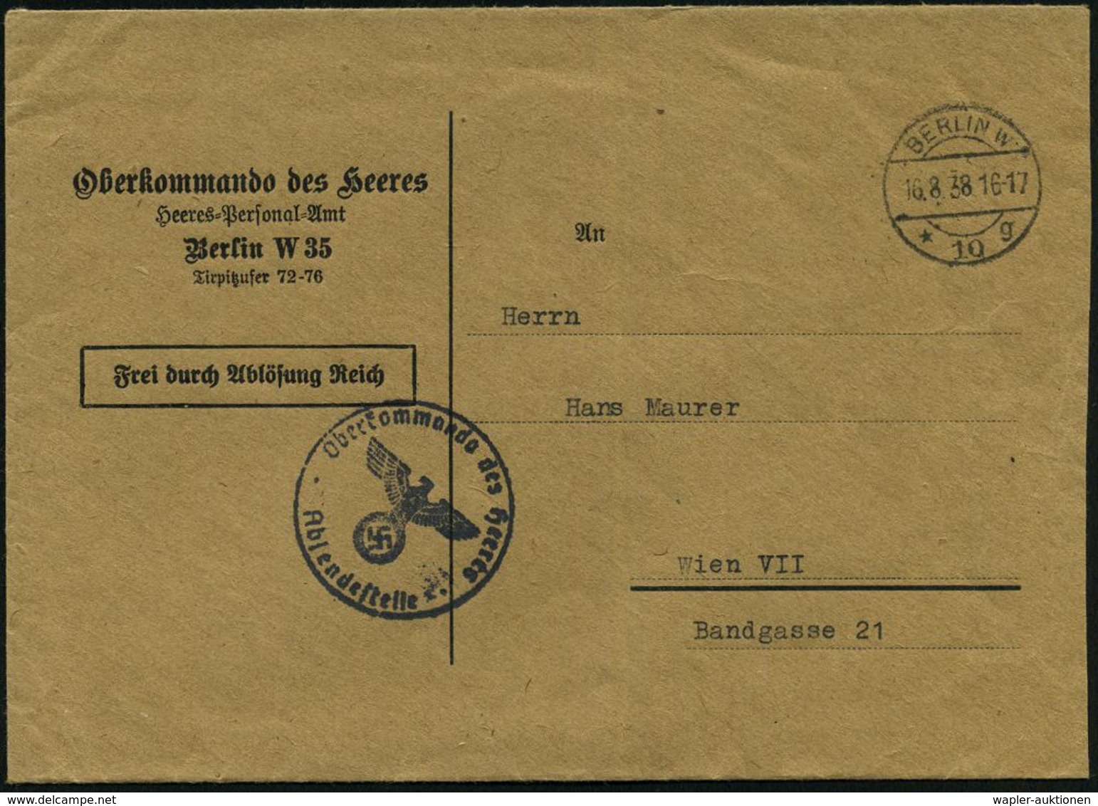 BERLIN W/ *10g 1938 (16.8.) 1K-Steg + Schw. 1K-HdN: Oberkommando Des Heeres/Absendestelle (NS-Adler) Dienst-Bf.: Oberkom - Andere & Zonder Classificatie